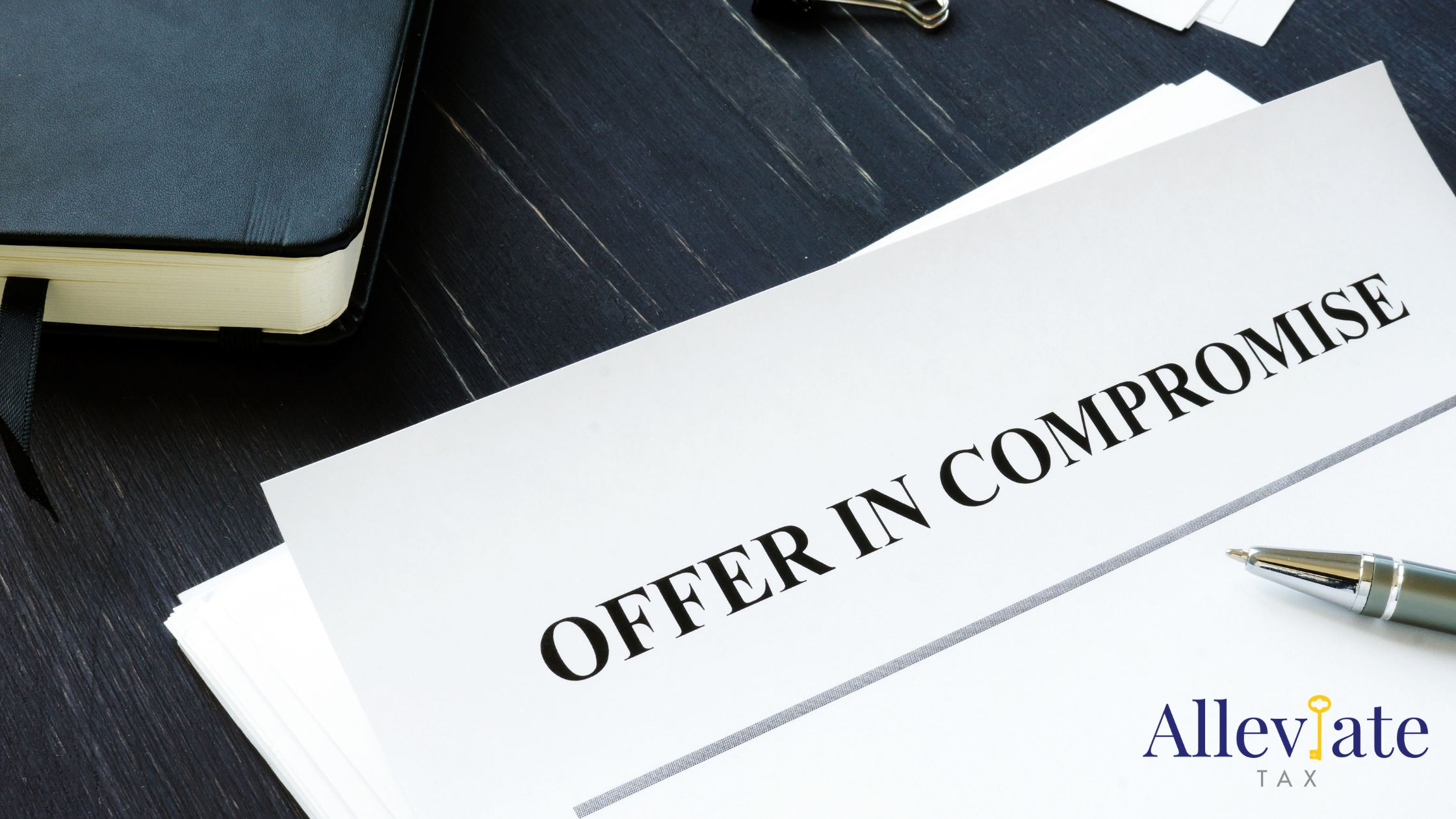paper with offer in compromise written on it with Alleviate Tax logo in corner